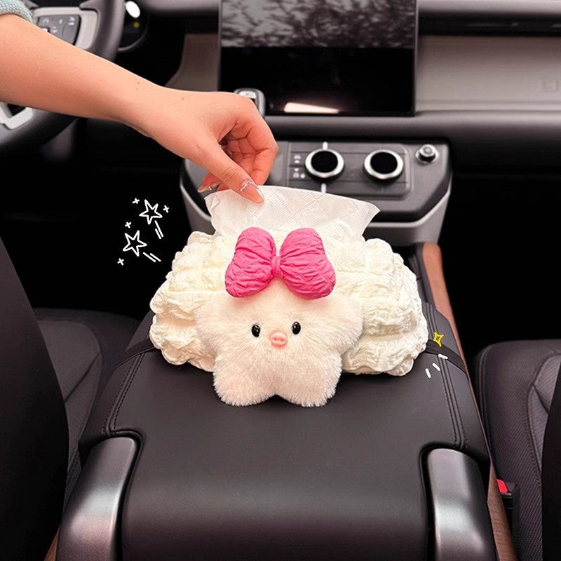 Cute Plush Chick Car Tissue Box – Adorable Bow Design Tissue Holder for Center Console or Armrest