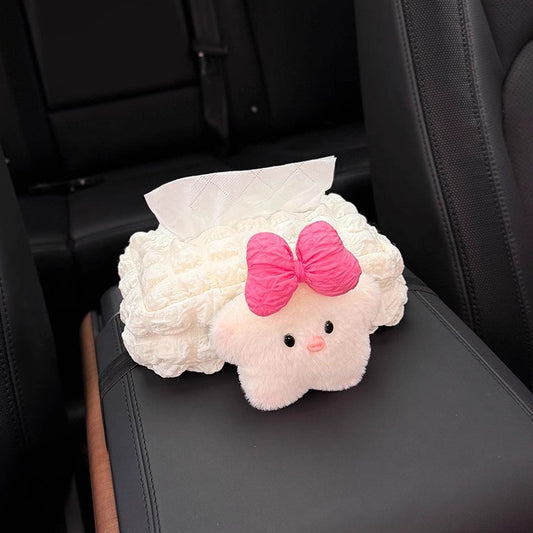 Cute Plush Chick Car Tissue Box – Adorable Bow Design Tissue Holder for Center Console or Armrest
