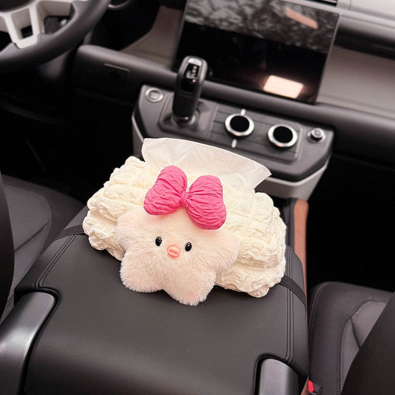 Cute Plush Chick Car Tissue Box – Adorable Bow Design Tissue Holder for Center Console or Armrest