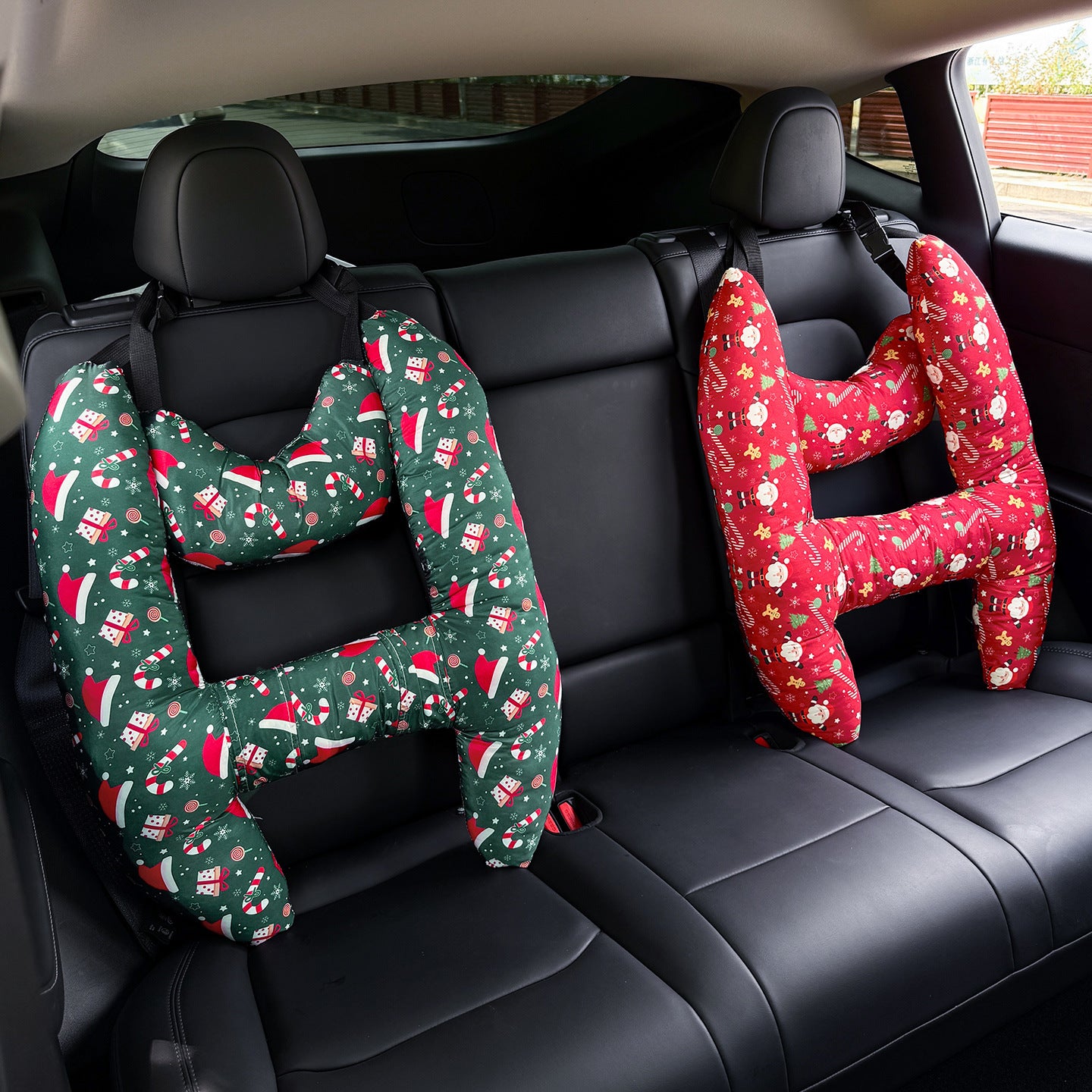 【2-Pack】Car Rear Seat Sleeping Pillow – Neck & Shoulder Support Cushion, Christmas Print Soft Hanging Headrest Pillow