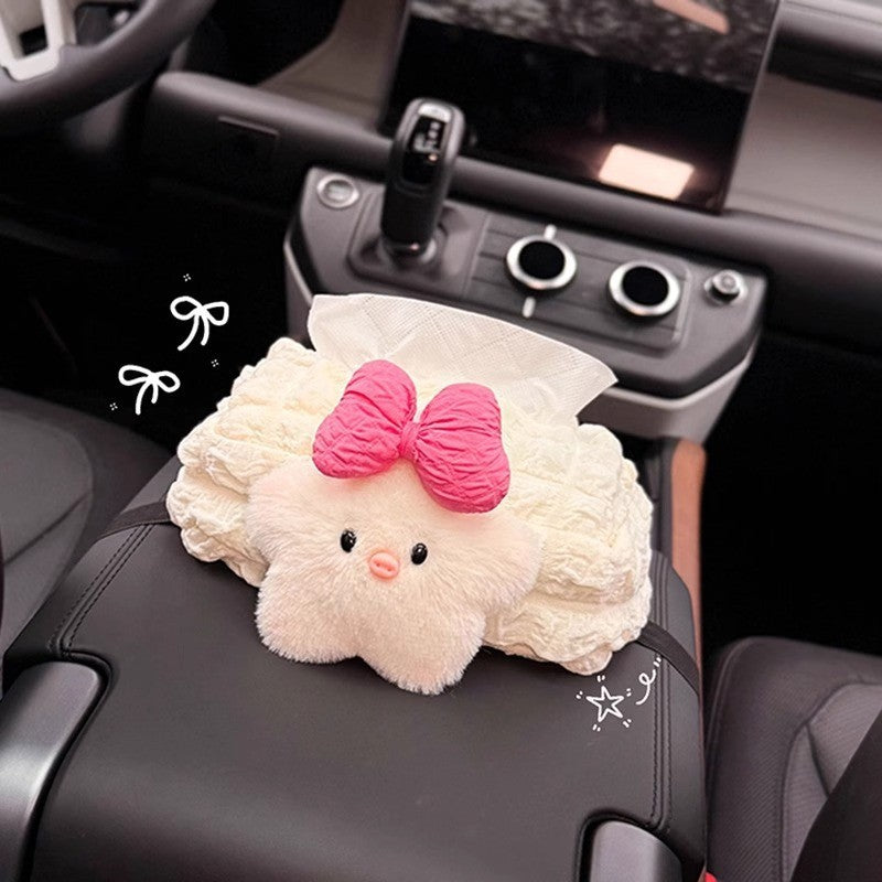 Cute Plush Chick Car Tissue Box – Adorable Bow Design Tissue Holder for Center Console or Armrest